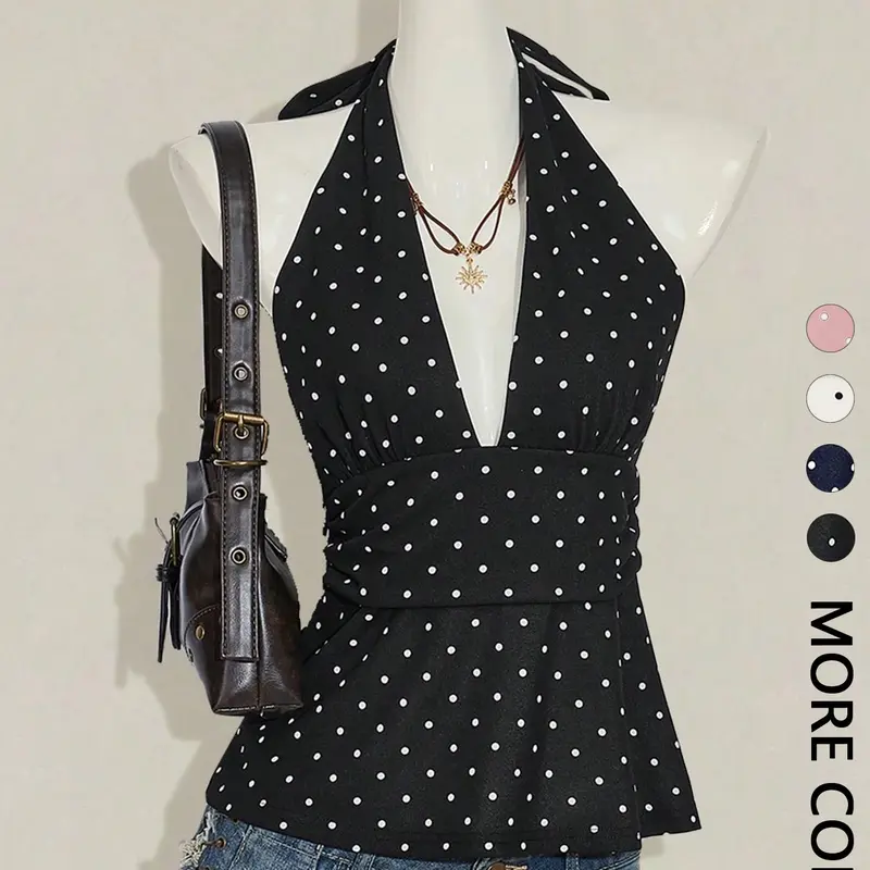 【Black Friday】Women's Polka Dot Print Halter Top, Boho-Style Deep V-Neck Sleeveless Fitted Design with Tie-Back Closure & Adjustable Ruched Waist, Soft Breathable Fabric for Daily Wear and Vacation