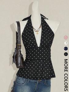 Women's Polka Dot Print Halter Top, Deep V Neck, Tie Back Closure, Adjustable, Ruched Waist, Multiple Color Options, Soft Breathable Fabric, Daily Casual Vacation Date Night Wear, Womenswear & halter tops