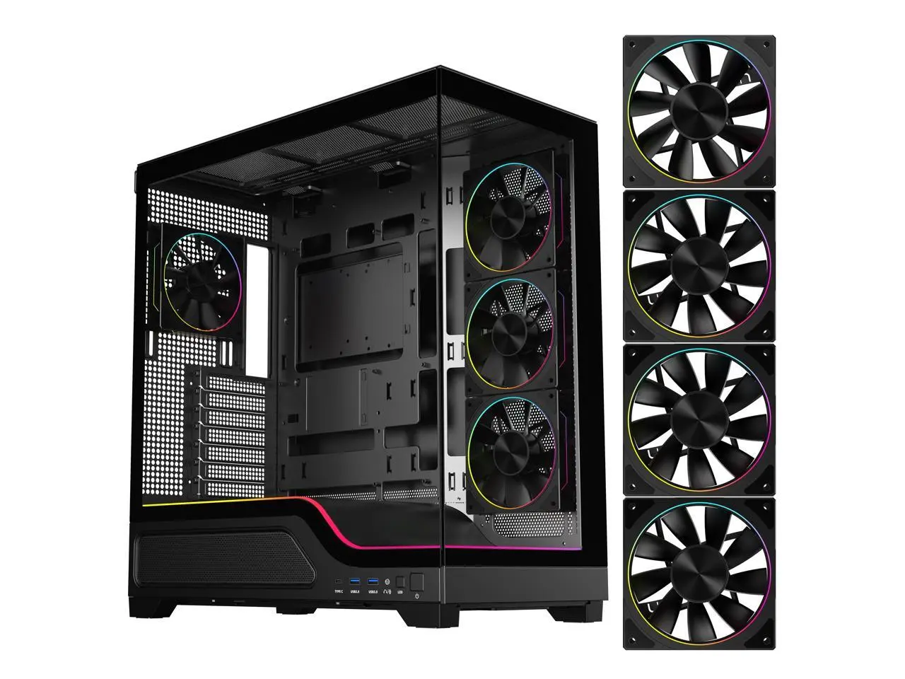 DIYPC IDX5-BK-ARGB Black Dual USB3.0/ 1 x Type C Tempered Glass ATX Gaming Computer Case w/ Dual Tempered Glass Panel and 4 x ARGB PWM Fans (Pre-Installed)