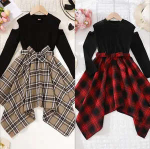 Ready Stock 7-14Y Kid Girls Vintage Plaid Print Irregular Hem Cut-Out Shoulder Long Sleeve Belted Dress - Perfect for Fall, Party, Holiday Gift 42404036