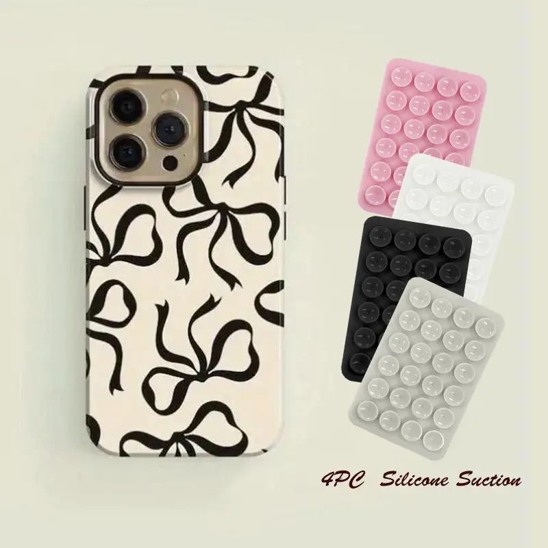 4PC Silicone Suction Phone Case Mount, A Black Bow Cream-Colored Phone Case, Compatible with Iphone 11, 12, 13, 14, 15, 16 Pro Max And Pro Plus Series - a Stylish And Creatively Designed New Phone