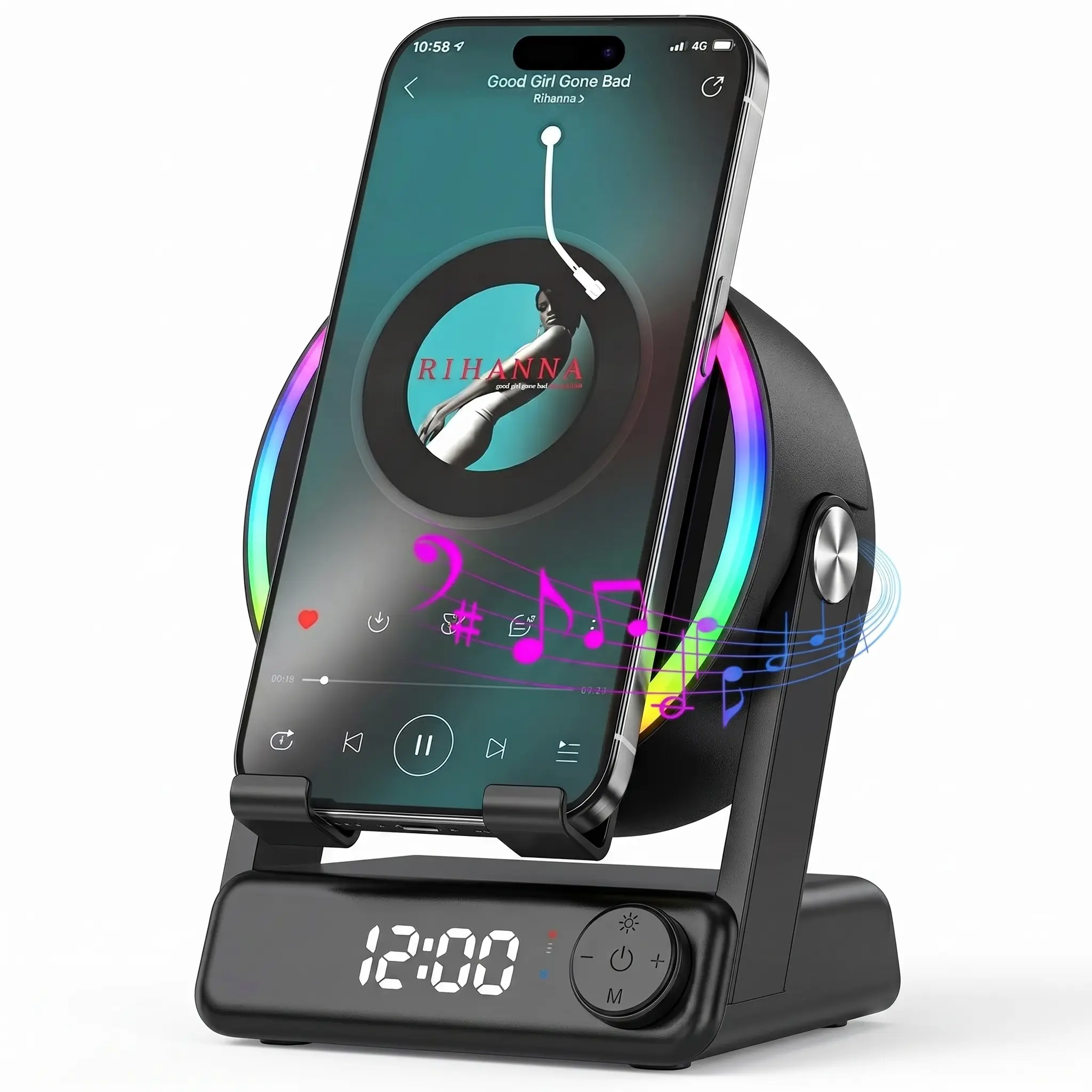 5 in 1 Induction Speaker with Phone Stand, Wireless Bluetooth Audio Speaker, Colorful Light Phone Speaker Amplifier for iPhone & Android, Birthday Gift for Men Women Teens, Black  >