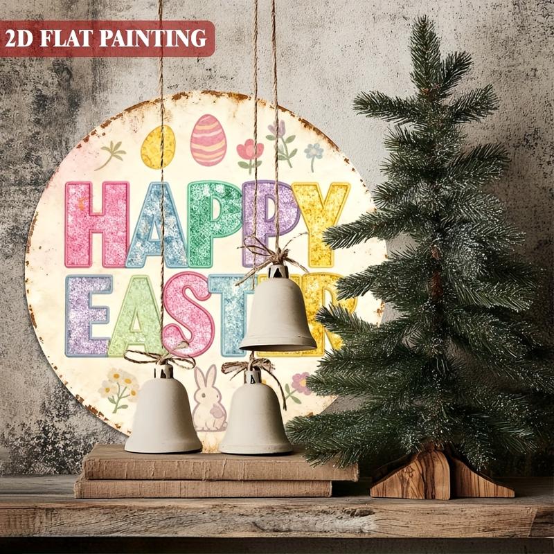 2D Round Iron Sign for Easter, Featuring 'Happy Easter' Design,Decorative Piece Is for Both Indoor and Outdoor Use, Making It Ideal for Homes, Restaurants, Cafes, Garages