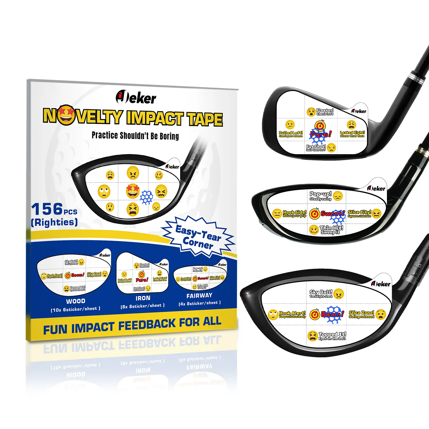 Novelty Golf Impact Tape Full Training Set – 156 Pcs Easy-Tear Waterproof Emoji Swing Training Stickers for Beginners, Golf Irons, Driver, Wood, Instant Feedback