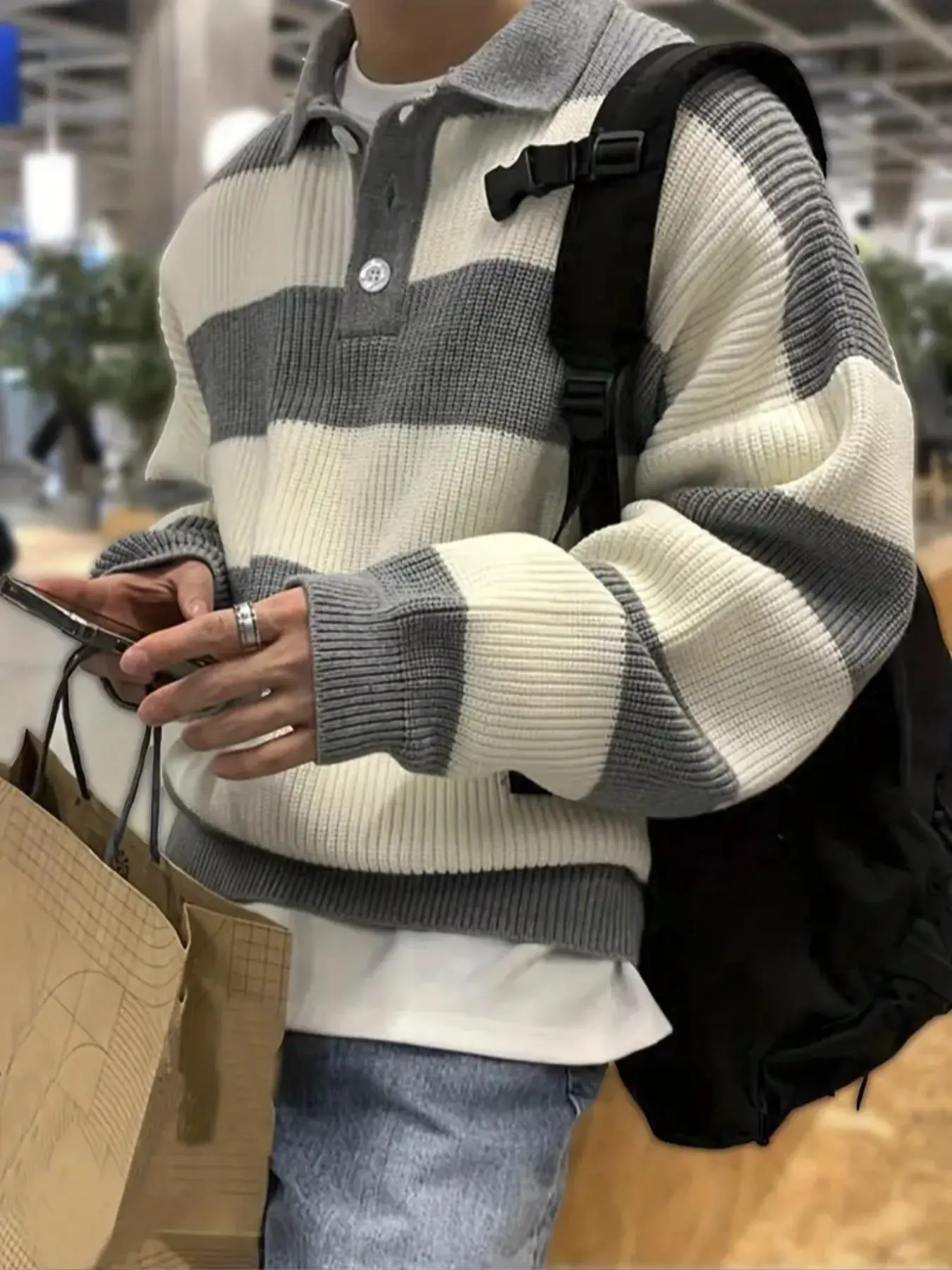 Men's Colorblock Striped Print Polo Sweater, Casual Regular Fit Long Sleeve Jumper for Fall & Winter, Fashion Men's Knitwear for Daily Wear