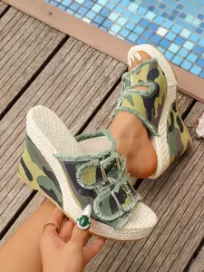 Women's Bohemian Style Denim Wedge Sandals, Summer Frayed Metal Buckle Braided Thick Sole Outdoor Beach Shoes, Casual Peep Toe Fabric Shoes