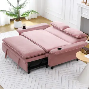 65.74-Inch Pink Letter Striped Fabric Multi-Functional Sofa Bed with Adjustable Armrests and Backrest, Convertible Sleeper Couch for Living Room Bedroom Guest Room, Single Size, Living Room Furniture for Apartment, Lounge, Family Room