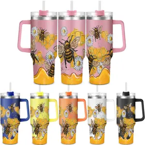 40oz Tumbler with Lid, 1 Count Honey Bee Pattern Stainless Steel Water Bottle, Drinking Cup for Home Office School Outdoor Camping, Drinkware, Insulated Tumbler