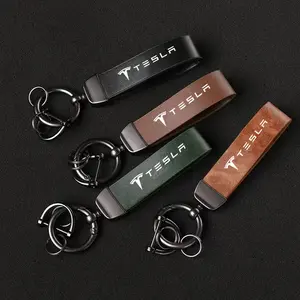 High-Grade Leather Car Keychain Holder Keyring for Tesla Model 3 Model S Model X Model Y Roadster, Spacex Auto Accessories