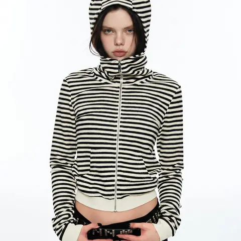 Women's Ribbed Crystal Plush Striped Cat Ear Zip-Up Hoodie - Fabric, Zip Up Hoodies, Hooded Neck, Y2K Streetwear Spandex Knit Cropped Black & White Jacket, Everyday Fit, Hang Dry