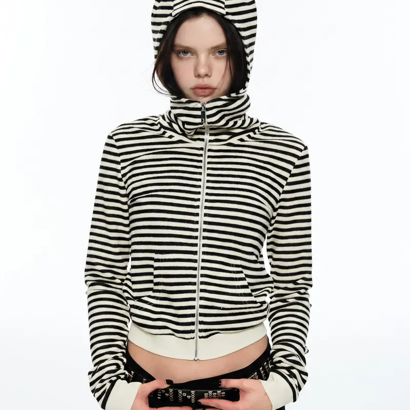 Women's Ribbed Crystal Plush Striped Cat Ear Zip-Up Hoodie - Fabric, Zip Up Hoodies, Hooded Neck, Y2K Streetwear Spandex Knit Cropped Black & White Jacket, Everyday Fit, Hang Dry