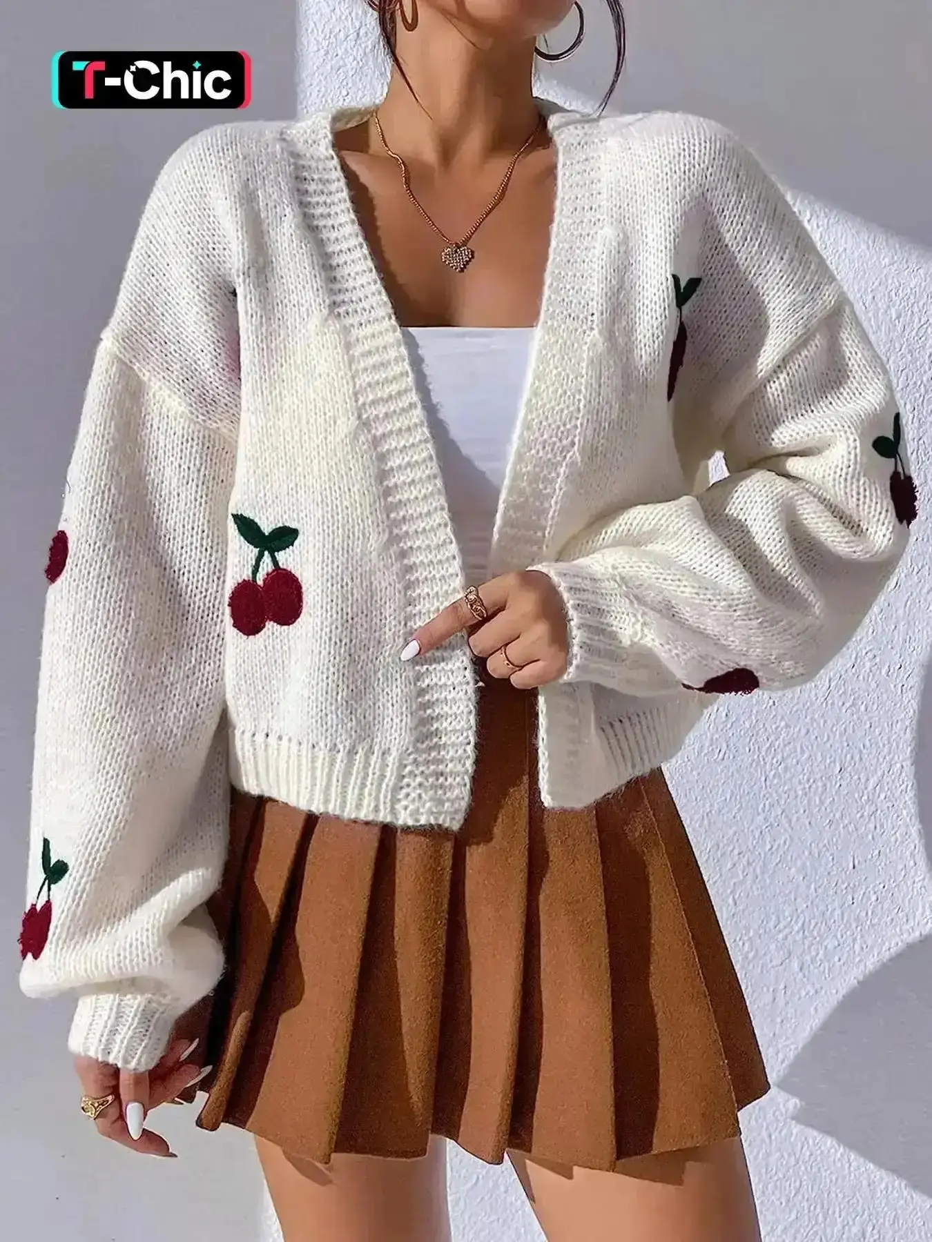 2026 New Model Women's Cute Chic Cherry Print Open Front Drop Shoulder Cardigan, Fitted Design Top, Comfort Casual Longsleeves Knitwear for Fall, Simple Outerwear, Spring Outfit, Versatile Styling, Womenswear