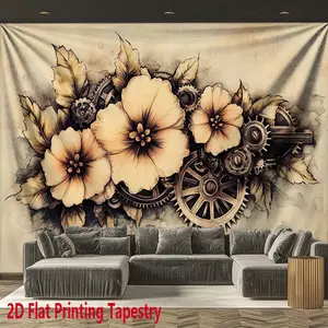 2D Flat, 1pc Steampunk Floral Tapestry Wall Hanging with Mechanical Gear & Bloom Pattern - Vintage Horizontal Wall Decor Suitable for Home, Garden, Studio, Outdoor - Suitable for Home, Party, Dorm, - Creative Gift, Polyester Cloth, 2D Flat