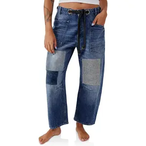 Flowyair Womens Baggy Barrel Horseshoe Jeans Wide Leg Patchwork Low Rise Denim Pants with Pockets