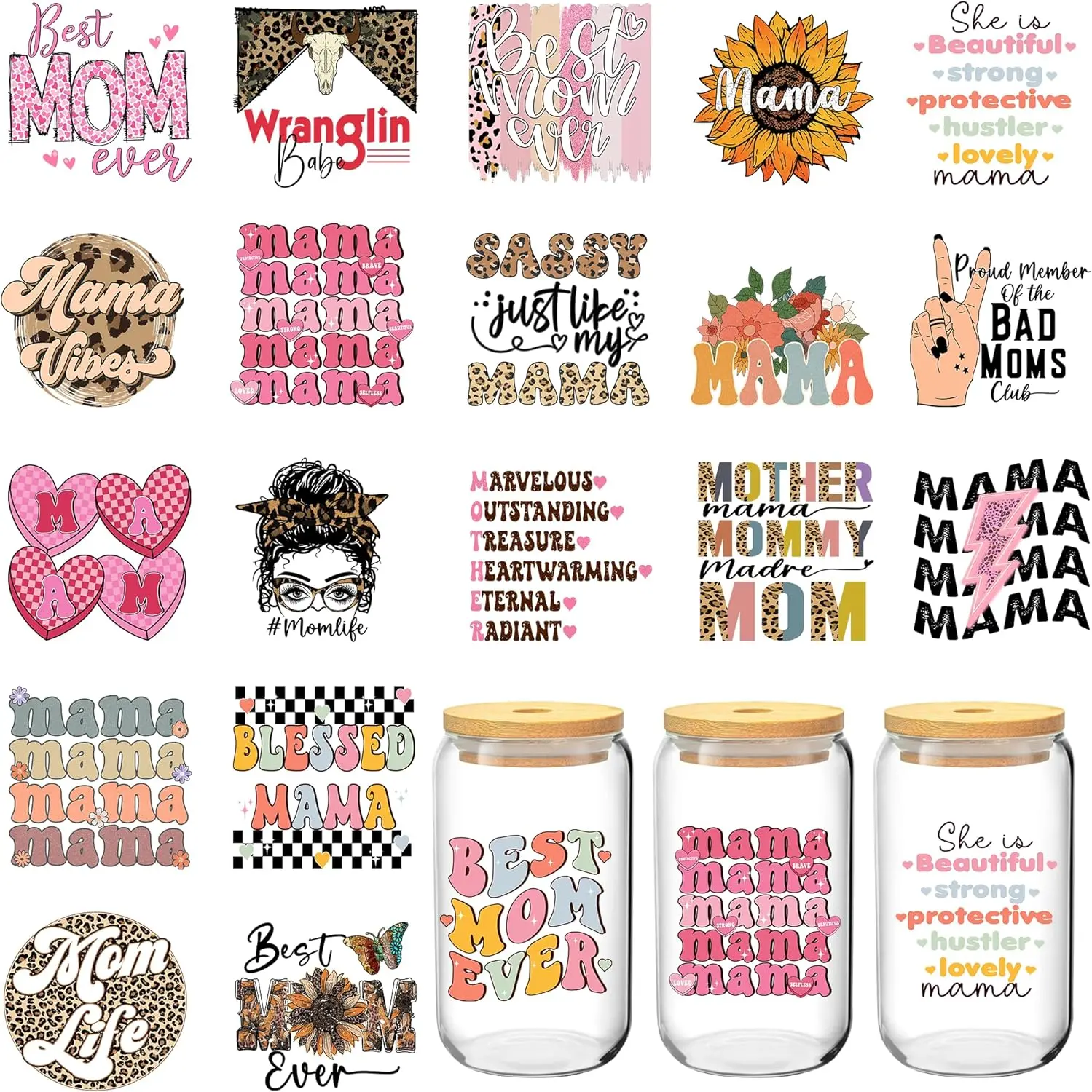 UV DTF Cup Wrap, 20 Sheets Mama UV DTF Cup Wraps for 16 oz Glass Coffee Cups, Funny Mom UVDTF Transfers Stickers for Mom, Mothers Day Water Bottle Laptop Phone