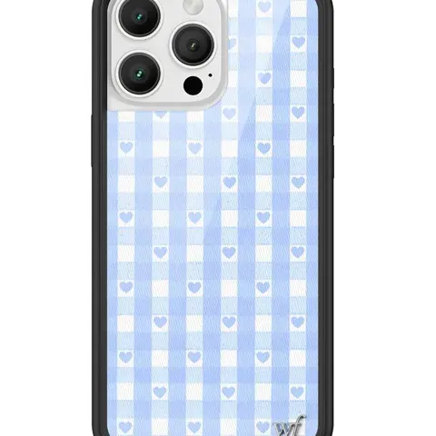 Wildflower Limited Edition Handmade Custom Durable Shockproof Blue Gingham Red Hearts iPhone Cellphone Case - Blue-White Patchwork, Raised Black Rubber-Polyurethane Bumper, Casing for Mobile Devices, Women's Owned Small Business Gift for Her