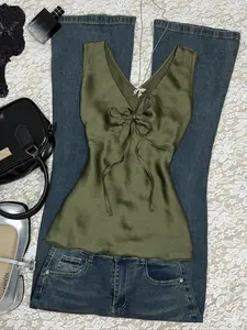 Women's Spring Summer Plain Casual Elegant Sleeveless Deep V Neck Ruched Tie Design Fitted Top, Stylish and Comfortable Fashion Shirt