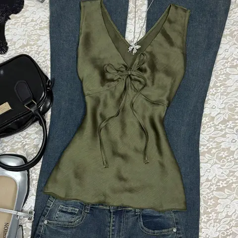 Women's Olive Satin Tank Top, Elegant Plain Design, Fitted V Neck, Chest Ruched Tie Detail, Sleeveless Tie Up, All Seasons Casual Wear