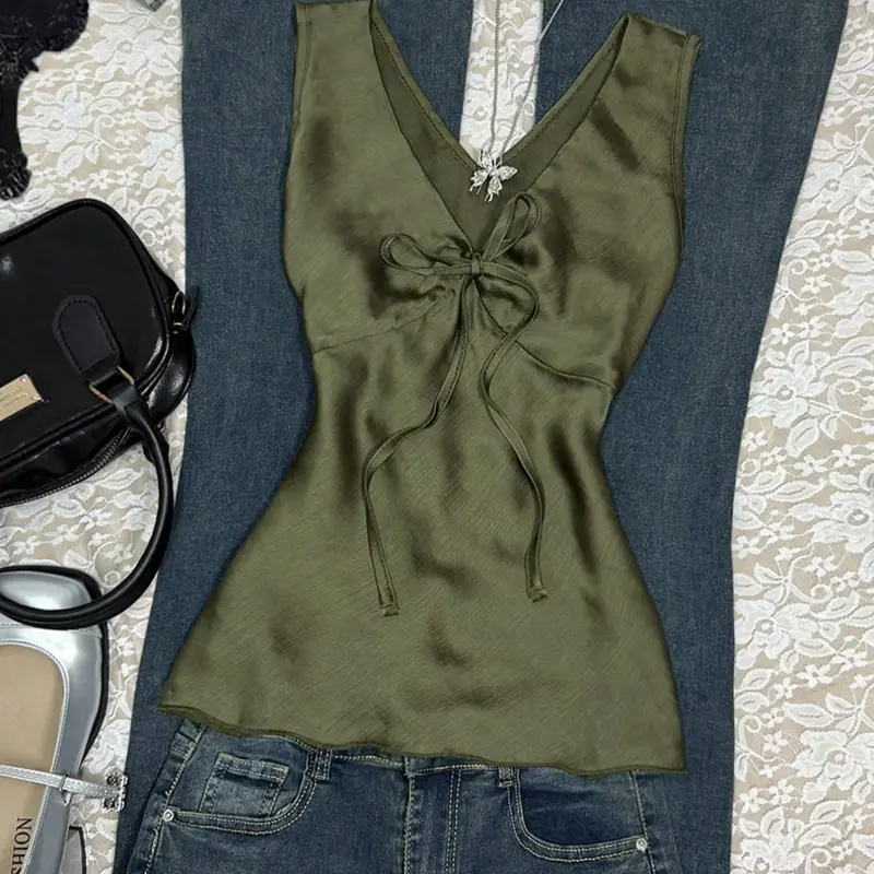 Women's Olive Satin Tank Top, Elegant Plain Design, Fitted V Neck, Chest Ruched Tie Detail, Sleeveless Tie Up, All Seasons Casual Wear