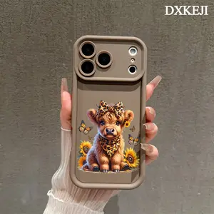 Cute Highland Cow with Sunflowers Pattern Phone Case, Soft Silicone, Fully Protected and Shockproof For iPhone 17 16 15 Pro Max 14 13 12 11 Plus Air Cover
