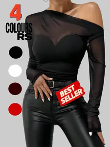 Women's Sexy Sheer Mesh Patchwork Asymmetrical Shoulder Long Sleeve Slim Fit T-Shirt, Stylish Casual Top for Daily Wear