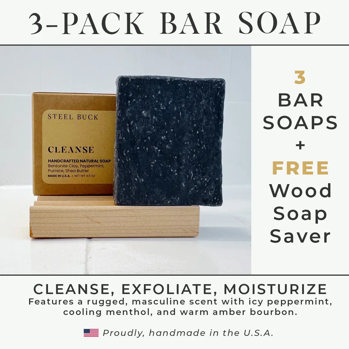 3-Pack of STEEL BUCK Men's Natural, Handmade Soap (w/ FREE Soap Saver)