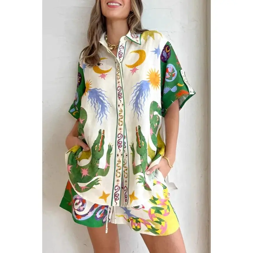 Women Tropical Paradise Print Blouse 2 Piece Short Set by Rosa Clothing