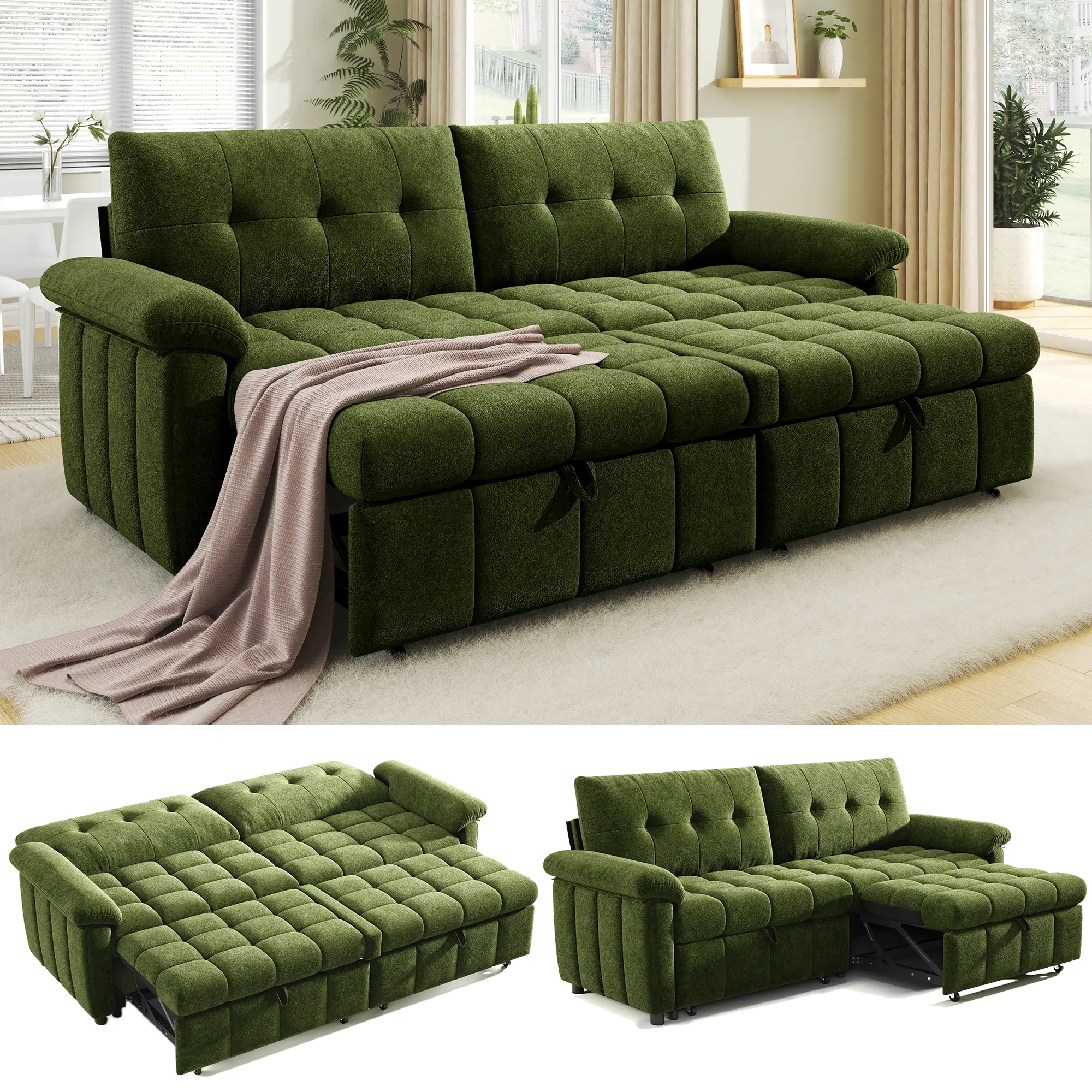 [SummerSale][Ships in 2 Boxes]VanAcc 93” Convertible Sofa Bed with Pull-Out Sleeper, 4-in-1 Couch with 5-Position Backrest, Tufted Chenille, Easy 10-Min Assembly, Modern Couch for Living Room & Guests