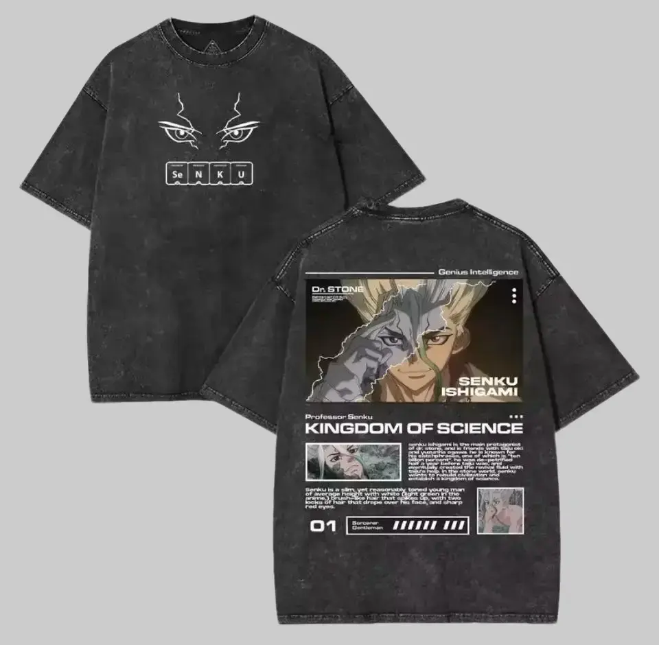Men's Vintage Washed Ishigami Senku Graphic Tee - Heavyweight, Oversized, Unisex Cotton, Short-Sleeve, Baggy Casual Everyday Dr. Stone Anime Streetwear Top