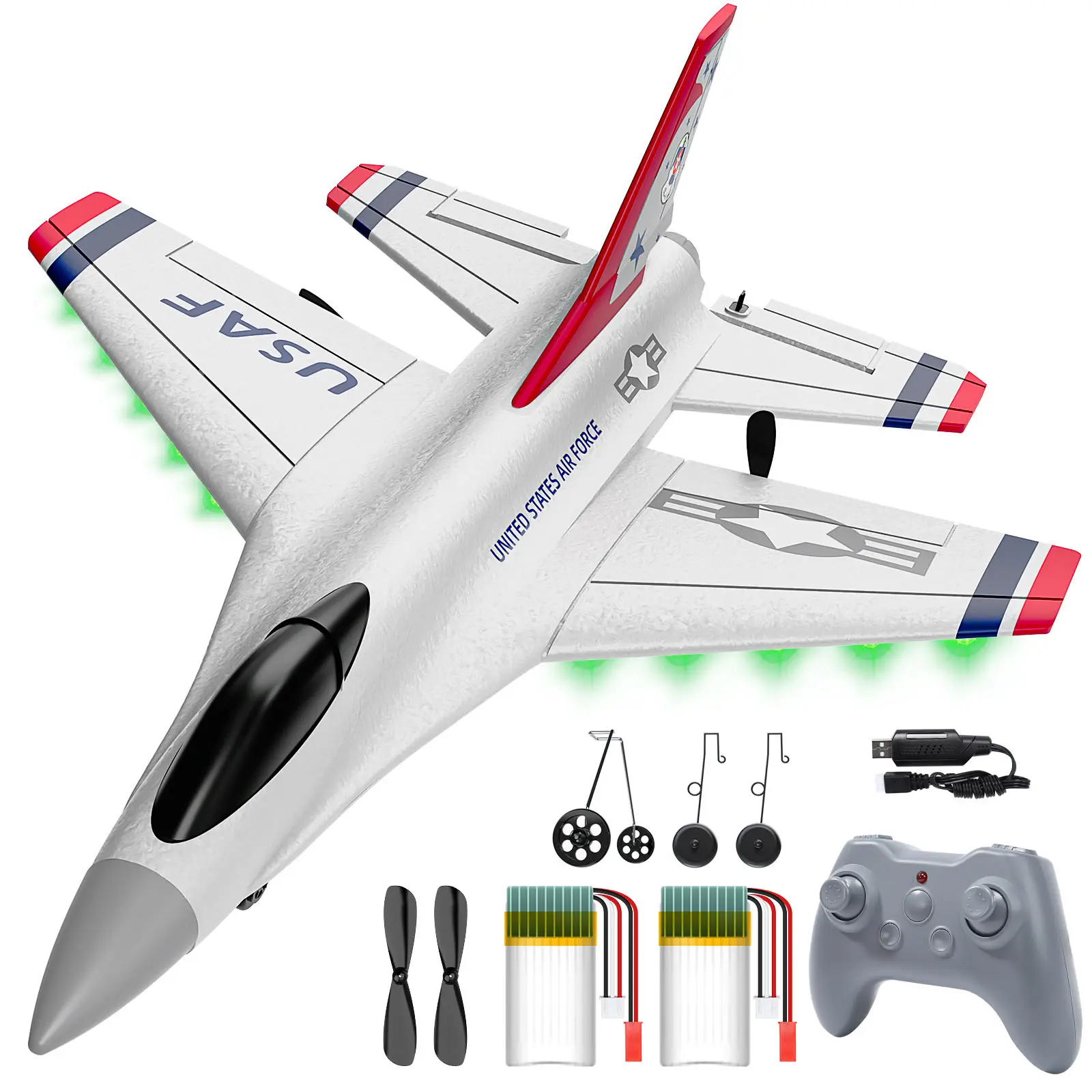 DEERC F16 Thunderbirds RC Plane,3CH Remote Control Airplane Fighter Toys,2.4GHz 6-axis Gyro Stabilizer RTF Glider Aircraft Plane with 2 Batteries,Easy to Fly for Beginners Kids Adults