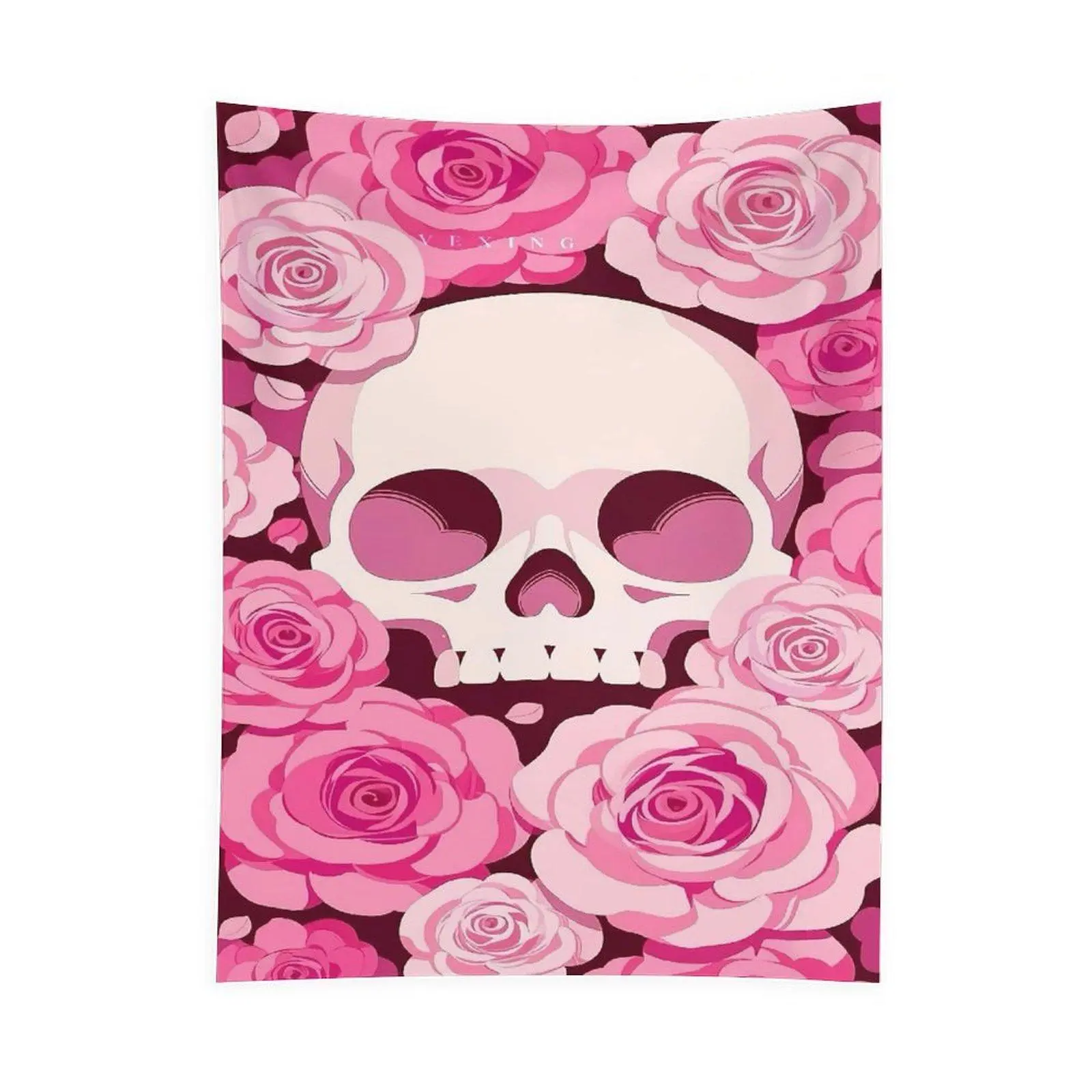 Pink Skull Rose Tapestry Wall Hanging, Gothic Floral Skeleton Design, Dark Romantic Aesthetic Room Decor, Halloween Bedroom Living Room Decoration