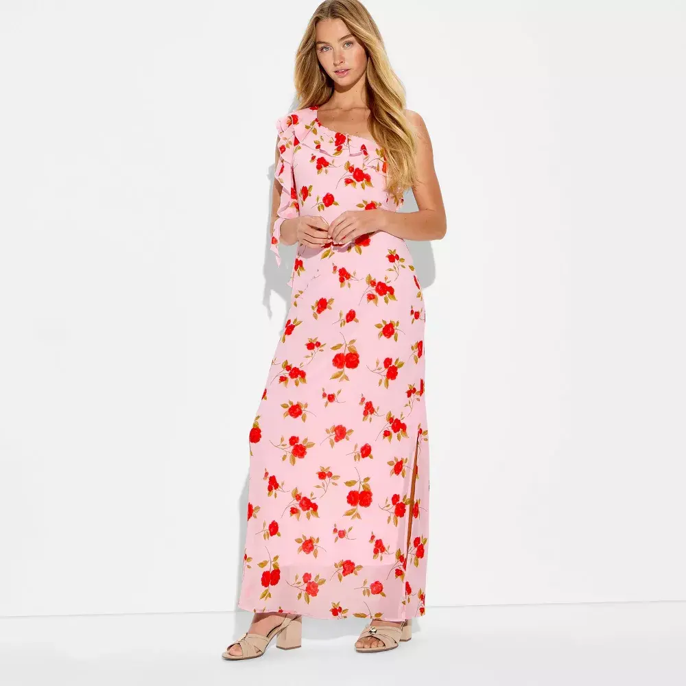 Women's Ruffled 1-Shoulder Sleeveless Asymmetrical Polyester Chiffon Garment Midi Bodycon Dress - Wild Fable Floral Casual, Lightweight Comfortable with Zipper and Slit
