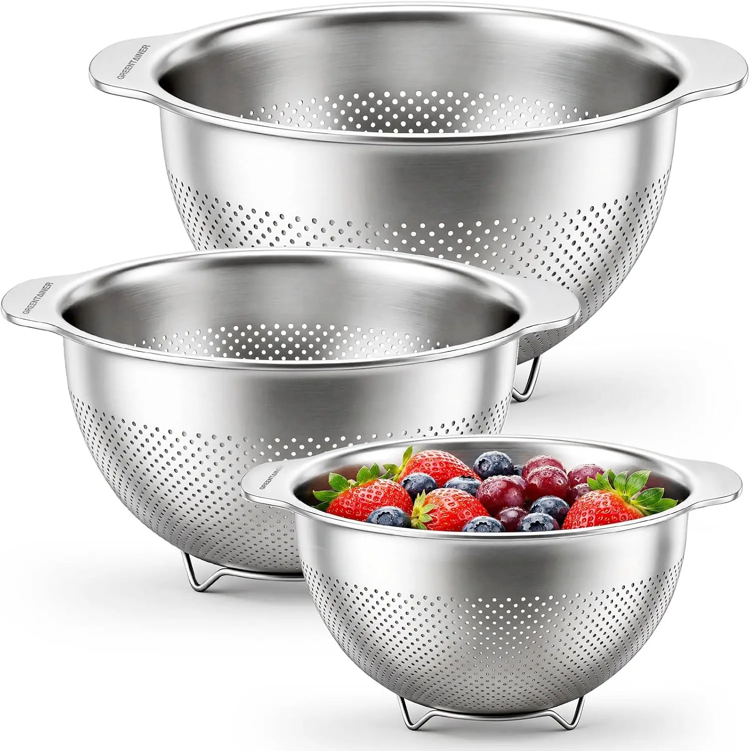 Greentainer 18/8 Stainless Steel Colander Set of 3 (2.5QT, 3.5QT, 5QT)