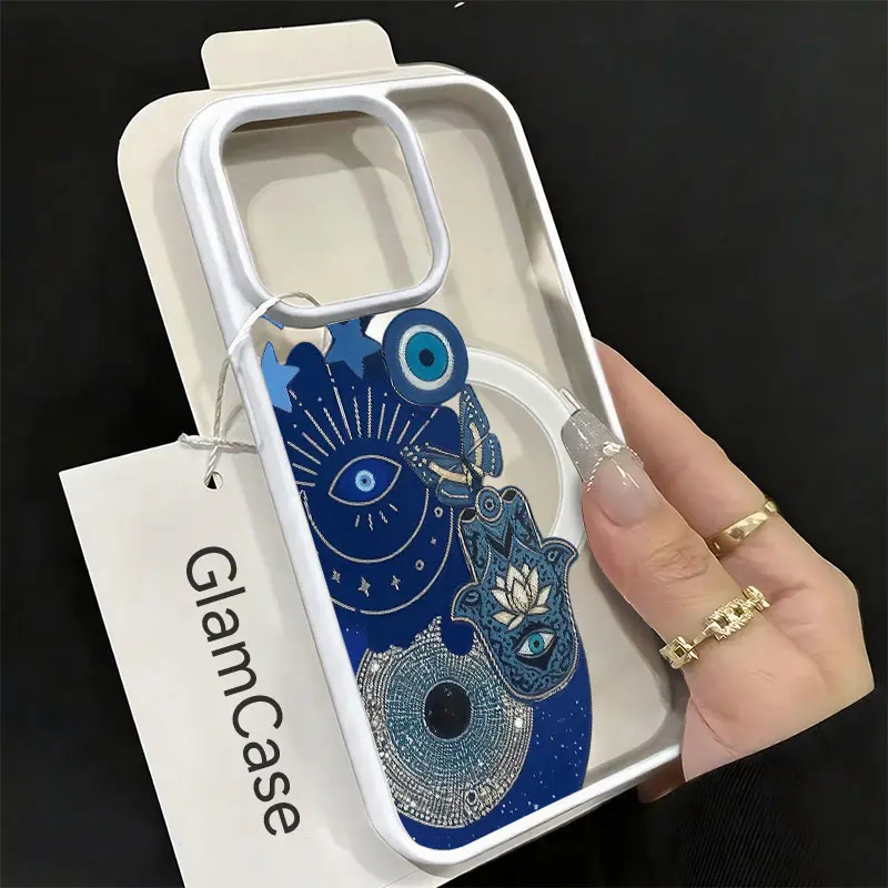 KKLLYY Blue Evil Eye Hamsa Hand Acrylic Smartphone Case - Mystical Boho Protection Cover for iPhone 17,16,15,14,13,12,11 Plus Pro Max Casing Shell