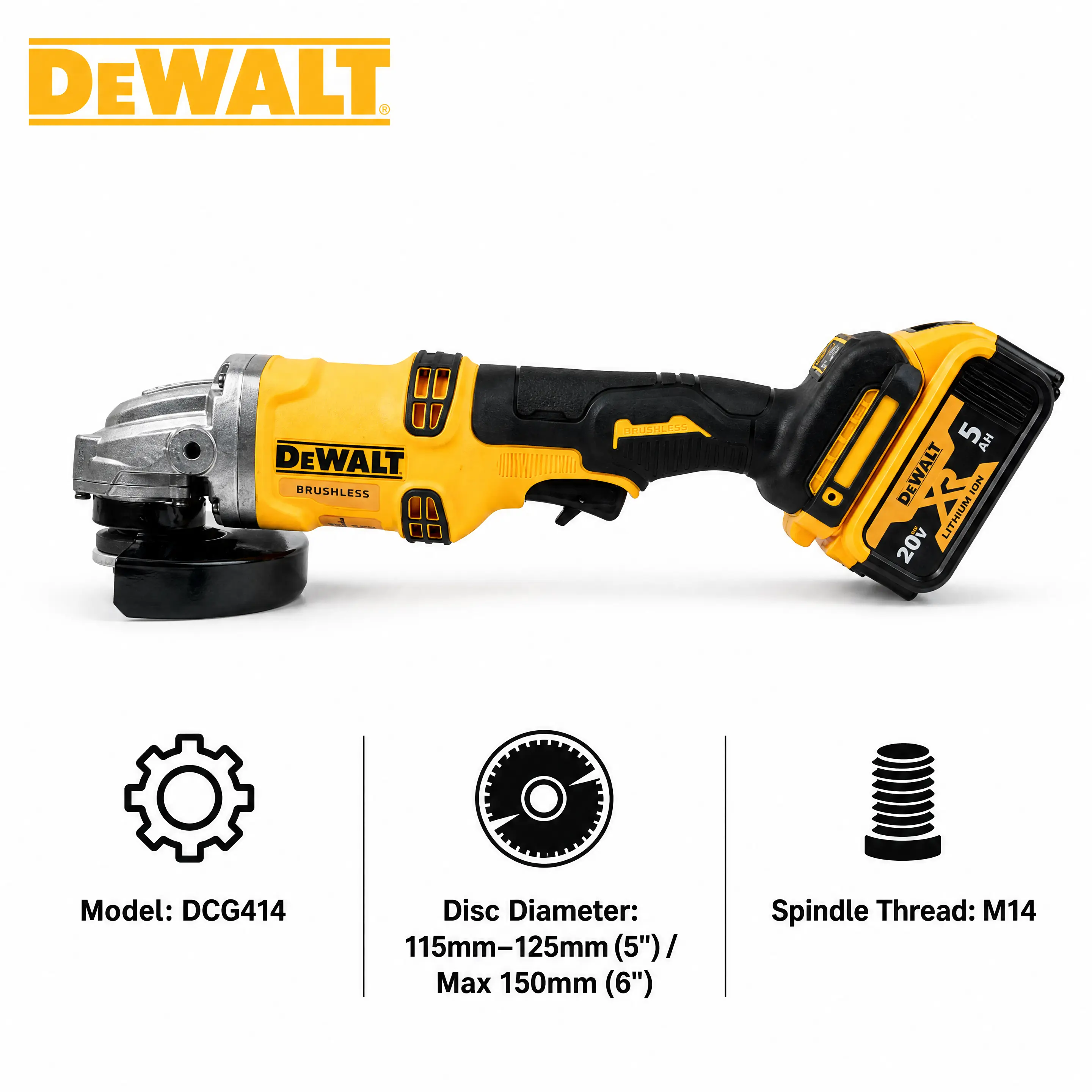 Cordless Angle Grinder Compatible with DEWALT 20V/60V FlexVolt Battery, DCG414 Brushless Motor, 9000 RPM, M14 Spindle, 5"/6" Disc Capacity, E-Clutch & Electronic Brake, Available In Only Tool & Charging Kit Metal Cutting Tools workshop fabrication