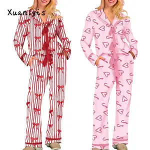 WomenPajamasBow/HeartPrintTieFrontLongSleeveTopsandLongPantsSetFamilyMatchingSleepwear??gift??
