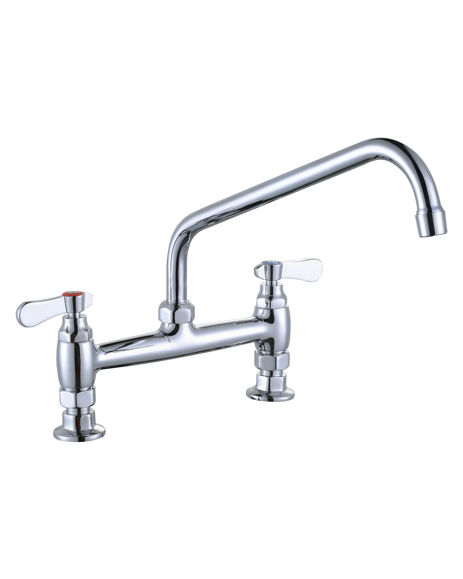 WOWOW Commercial Double Handle Faucet - 12in Curved Swivel Spout, 8in Center Deck-Mounted Solid Brass Model with Supply Lines, 2-Hole Separate Controls, Durable Multi-Purpose for Kitchen Compartment Sinks, Restaurants, Garden, Outdoor, Polished Chrome