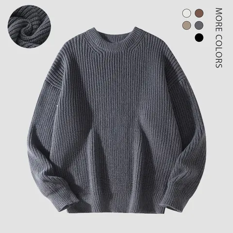 SAND SOUND Men's Grey Plain Round Neck Long Sleeve Knitted Pullover Sweater - Collegiate Male Clothing, Cozy Thick Polyester Crewneck, Fall Soft Casual Clothes