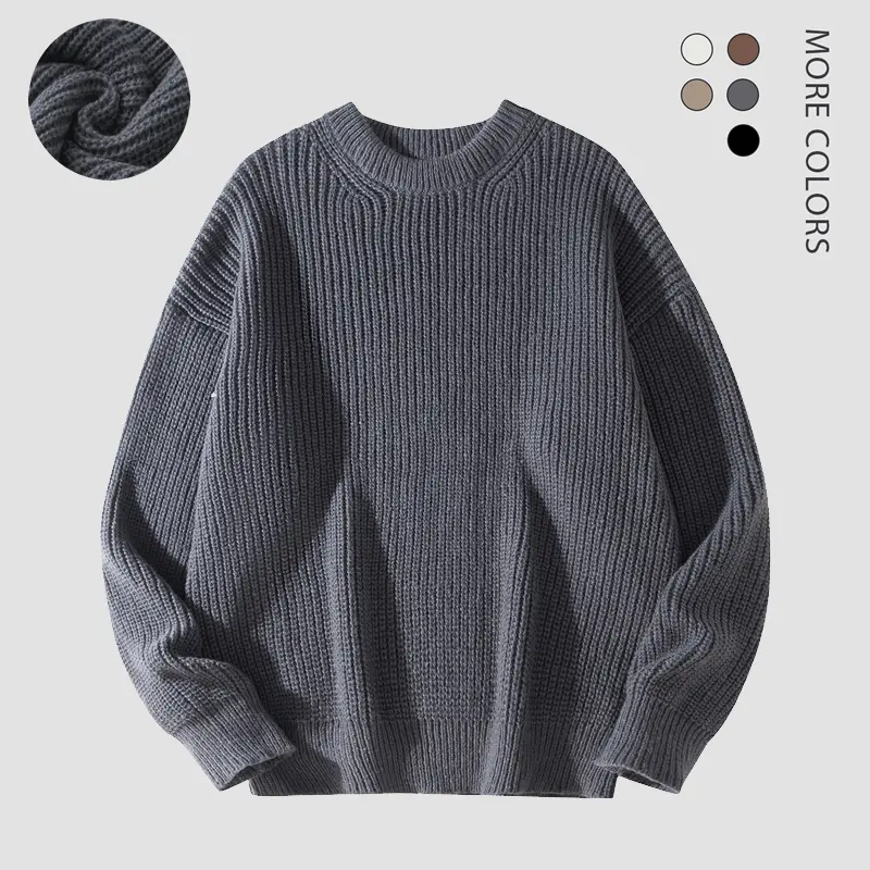 SAND SOUND Men's Grey Plain Round Neck Long Sleeve Knitted Pullover Sweater - Collegiate Male Clothing, Cozy Thick Polyester Crewneck, Fall Soft Casual Clothes