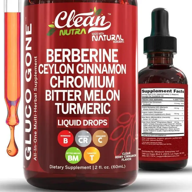 Gluco Gone Organic Ceylon Cinnamon Berberine LiquidDrops Supplement with Bitter Melon Extract GlucomannanGymnema Chromium Turmeric Organic Panax Ginseng