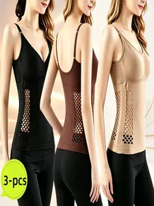 3 Pack Women's Shapewear Camisole, V-Neck Tummy Control Body Shaper, Seamless Compression Cami with Integrated Bra, Mesh Sides Slimming Tank Top