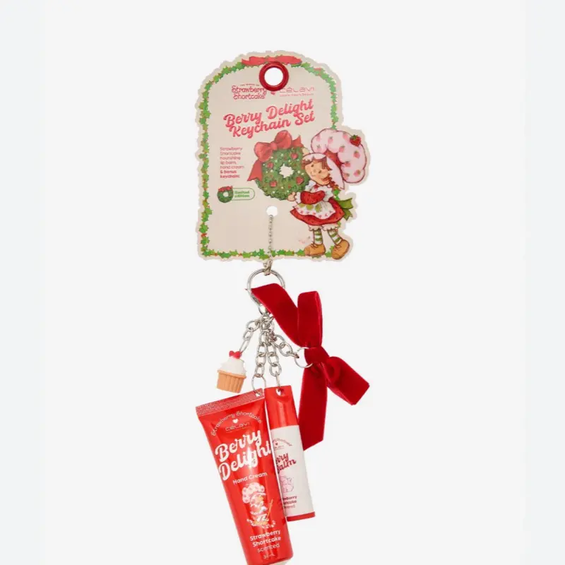 Célavi Strawberry Shortcake Berry Delight Hand Cream Keychain Set with Adorable Berry Ball Charm and Red Velvet Bow