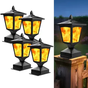 Sunface 4 Pack Solar Post Cap Lights for 4x4 Fence Flickering Flame LED Waterproof Deck & Garden Lighting Black Christmas Outdoor Decor Solar-Powered Waterproof