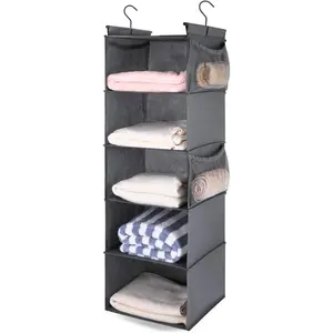 5 Shelf Hanging Closet Organizer, Space Saver, Cloth Hanging Shelves with 4 Side Pockets, Foldable, Grey