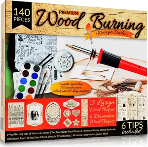Beginners Wood Burning Kit 140 Pieces Best Gift for Art & Craft Hobby Lovers DIY Woodburning Kits with 9 Large Wooden Plaques for Unique Wood Burning Projects