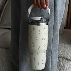 Floral Pattern Vacuum Flask, Insulated Stainless Steel 1 Count Large Capacity Water Bottle with Handle & Straw, Portable Travel Tumbler Drinking Cup for Home Office School Outdoor, Drinkware