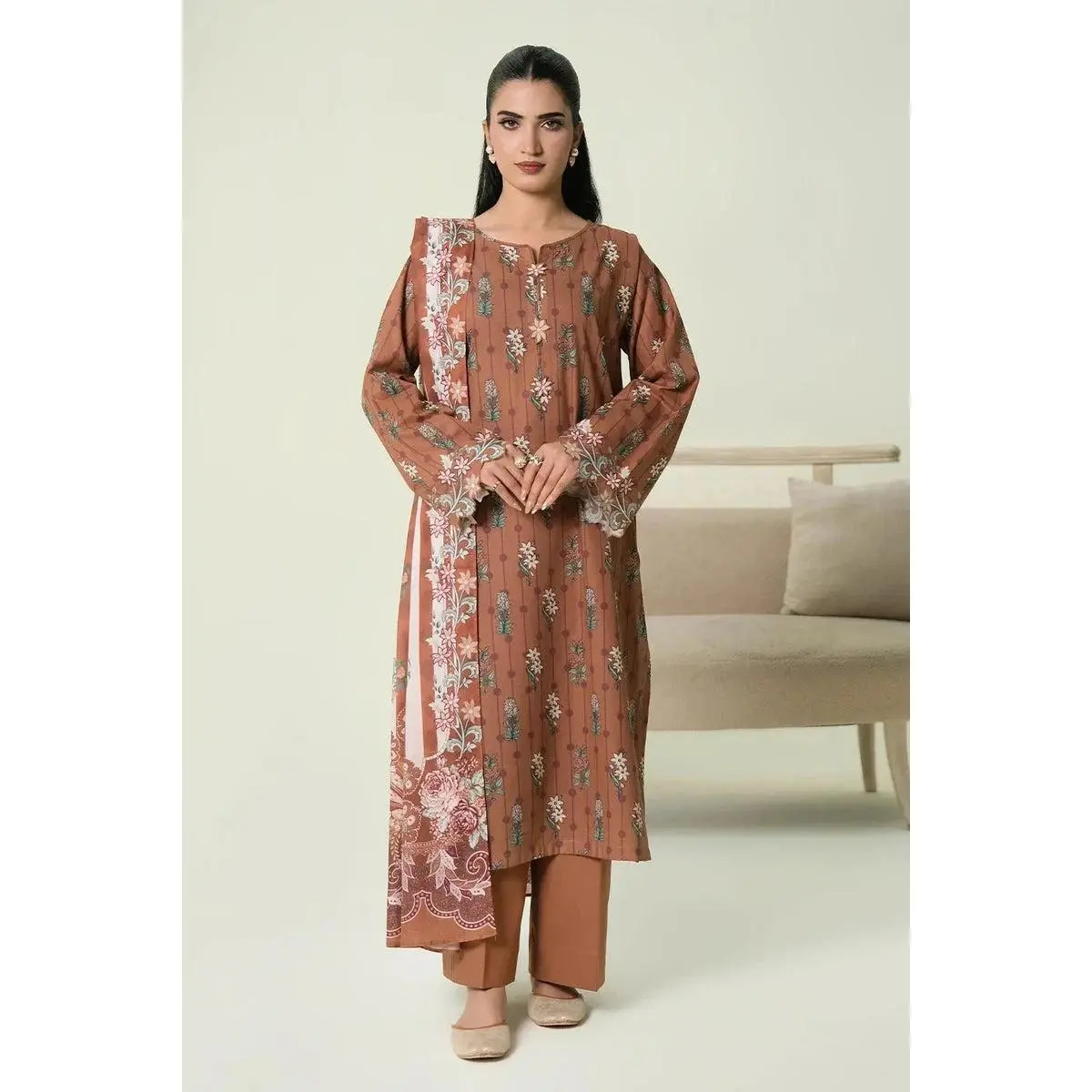 Women's Stitched 3-Piece Printed Lawn Suit in Walnut, Breathable Shalwar Kameez with Matching Dupatta for Effortless Elegance, Lady, Shirt, Trouser, Ethnic Pattern Pants & Top Sets, Clothes, Printed Set, All-Day Wear