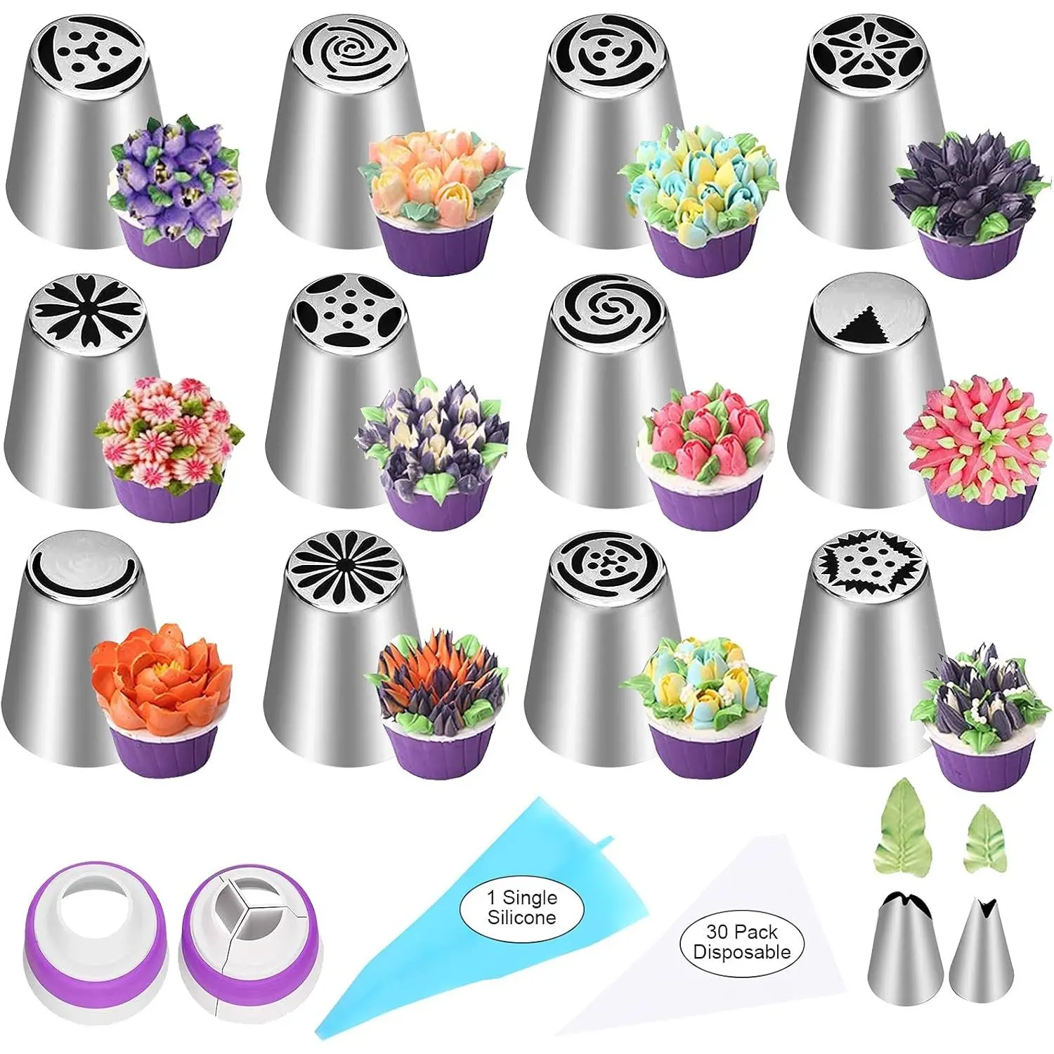 count Russian Piping Tips Set, 12 Flower Frosting Nozzles Icing Tips for Cake Decorating Tips Kit, Baking Supplies for Cookie Cupcake, 2 Leaf Piping Tips 2 Couplers 30 Pastry Baking Bags