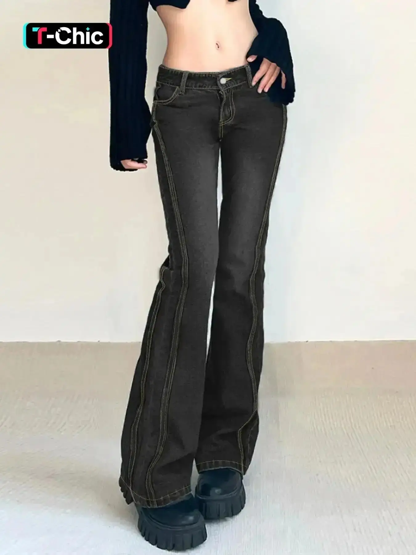 Women's Edgy Charcoal Mid-Rise Flare Fit Kick Flare Denim Jeans, Womenswear Stretchy Denim Jeans with Button and Contrast Stitching, Retro & Trendy Bottoms for Y2K Party Pants, Trouser