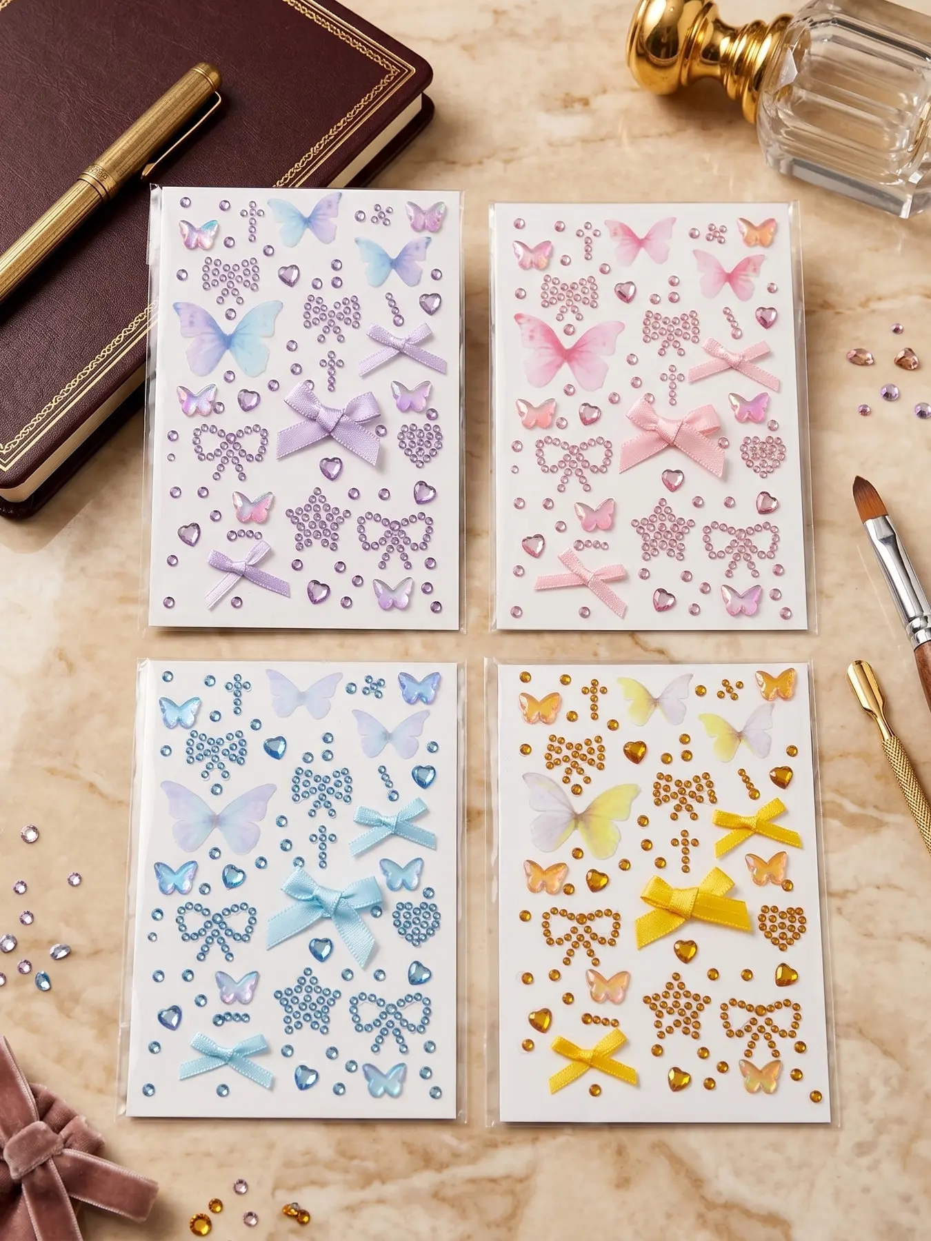 5sheets Bow Hair Gems Face Gems Hair Jewels Face Jewels Stick on Rhinestones for Makeup Pink Blue Purple Yellow Sticker Body Adhesive Jewelry DIY Rave Party K-Pop Music Festival Concert Accessories Beauty Girls